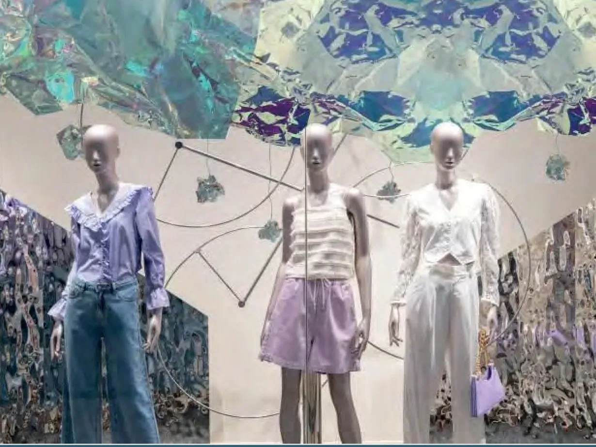 Retail display lit by iridescent dichroic film overhead, colours shifting across the glass above the mannequins