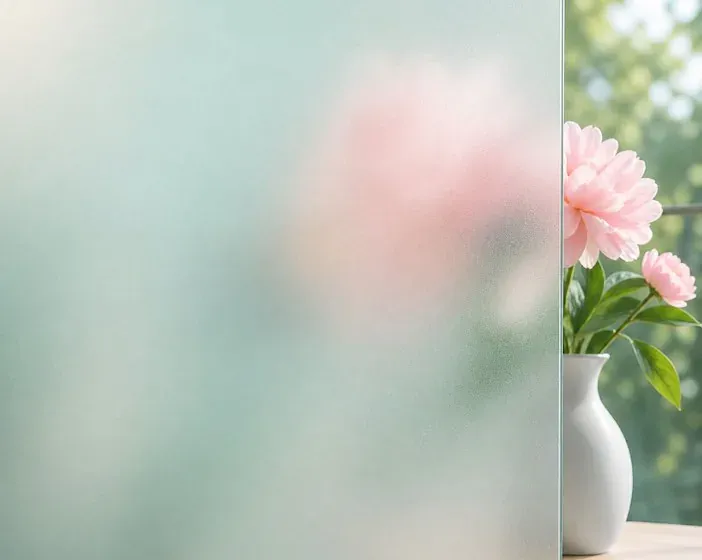 Frosted privacy film on the left pane hides the flowers behind it, while the clear pane beside it shows the vase sharply