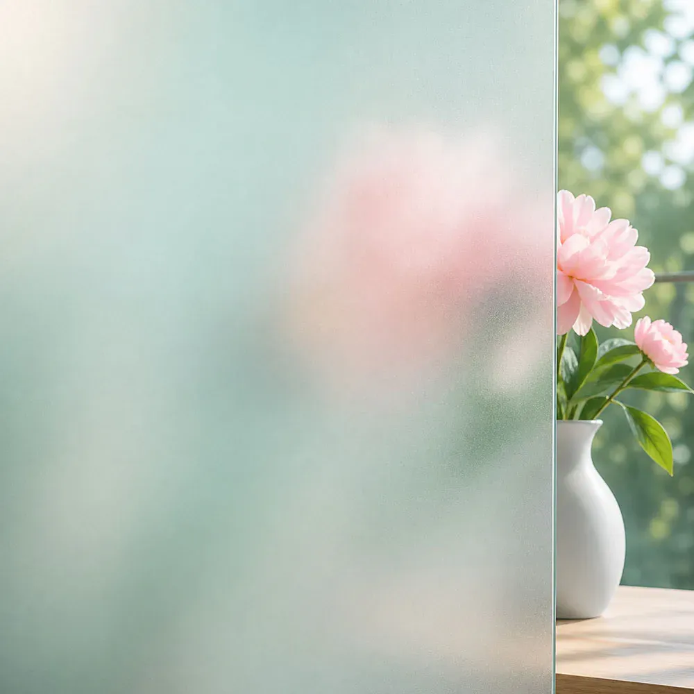 A frosted pane hides the flowers behind it while the clear pane beside it stays see-through