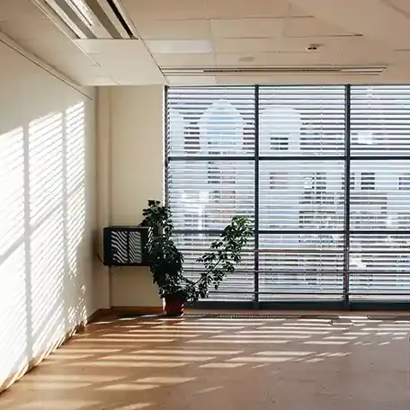 Sunlit office interior with a large window wall fitted with 3M window film