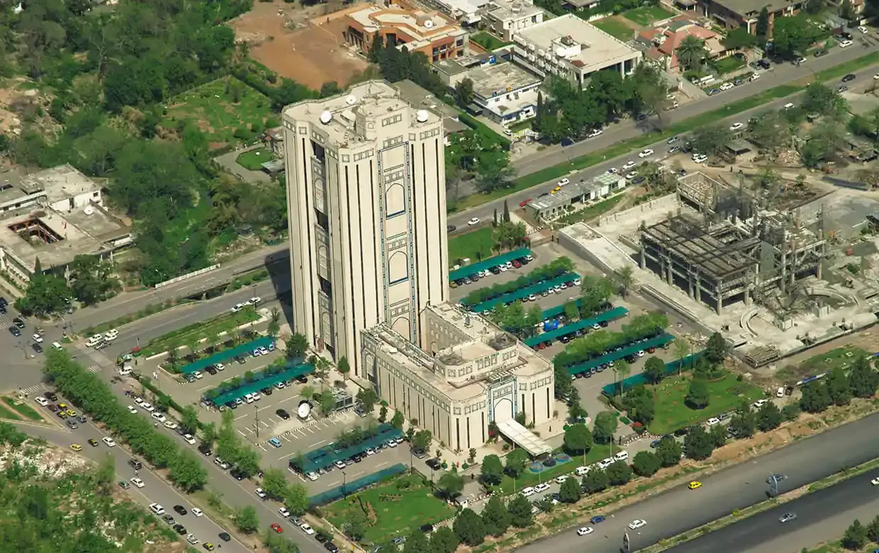 Aerial view of Saudi Pak Tower in Islamabad, glazed across its full height with Protek-installed 3M window film